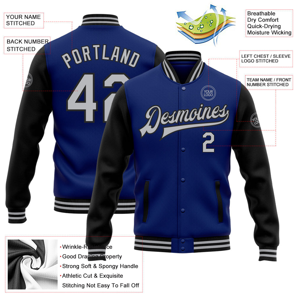 Custom Royal Gray-Black Bomber Full-Snap Varsity Letterman Two Tone Jacket view 5