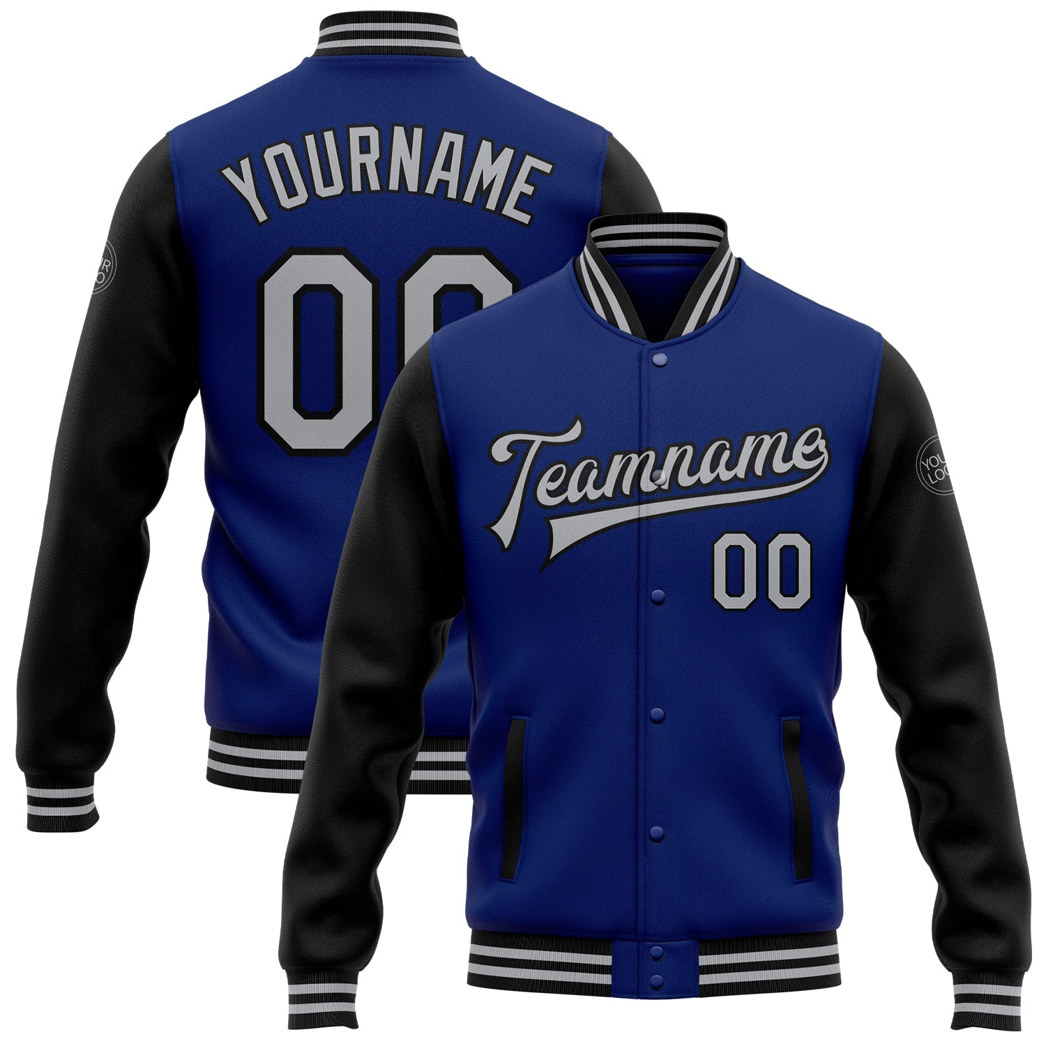 Custom Royal Gray-Black Bomber Full-Snap Varsity Letterman Two Tone Jacket - Main View