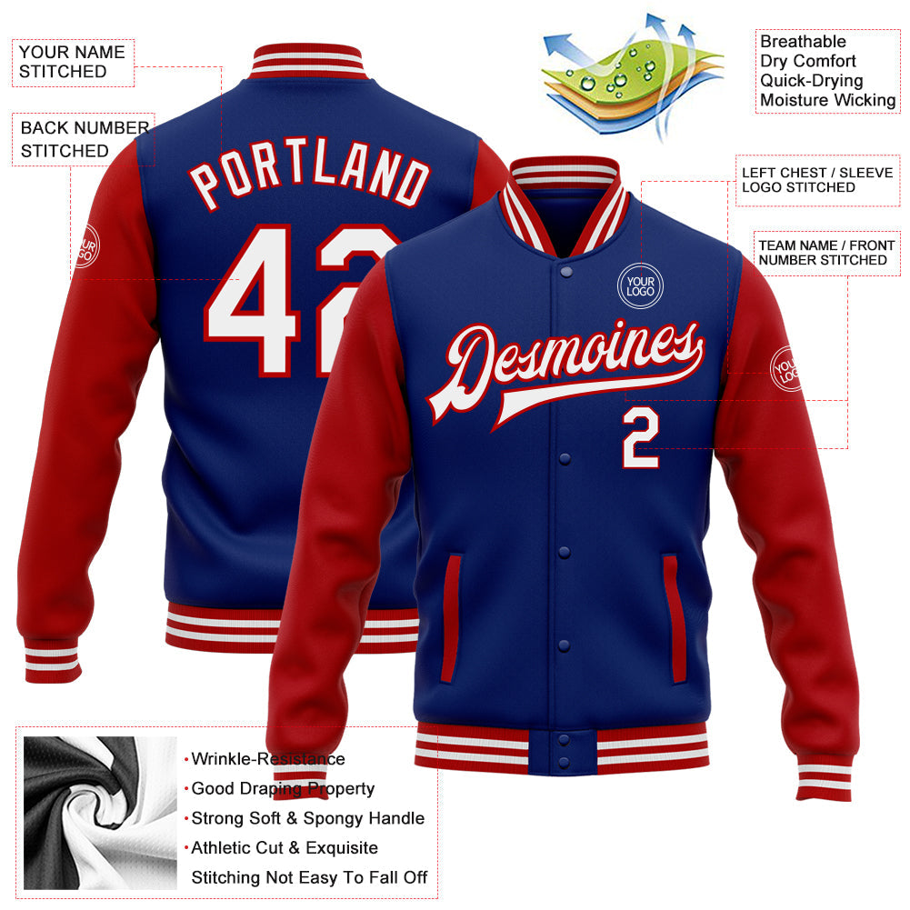 Custom Royal White-Red Bomber Full-Snap Varsity Letterman Two Tone Jacket view 5