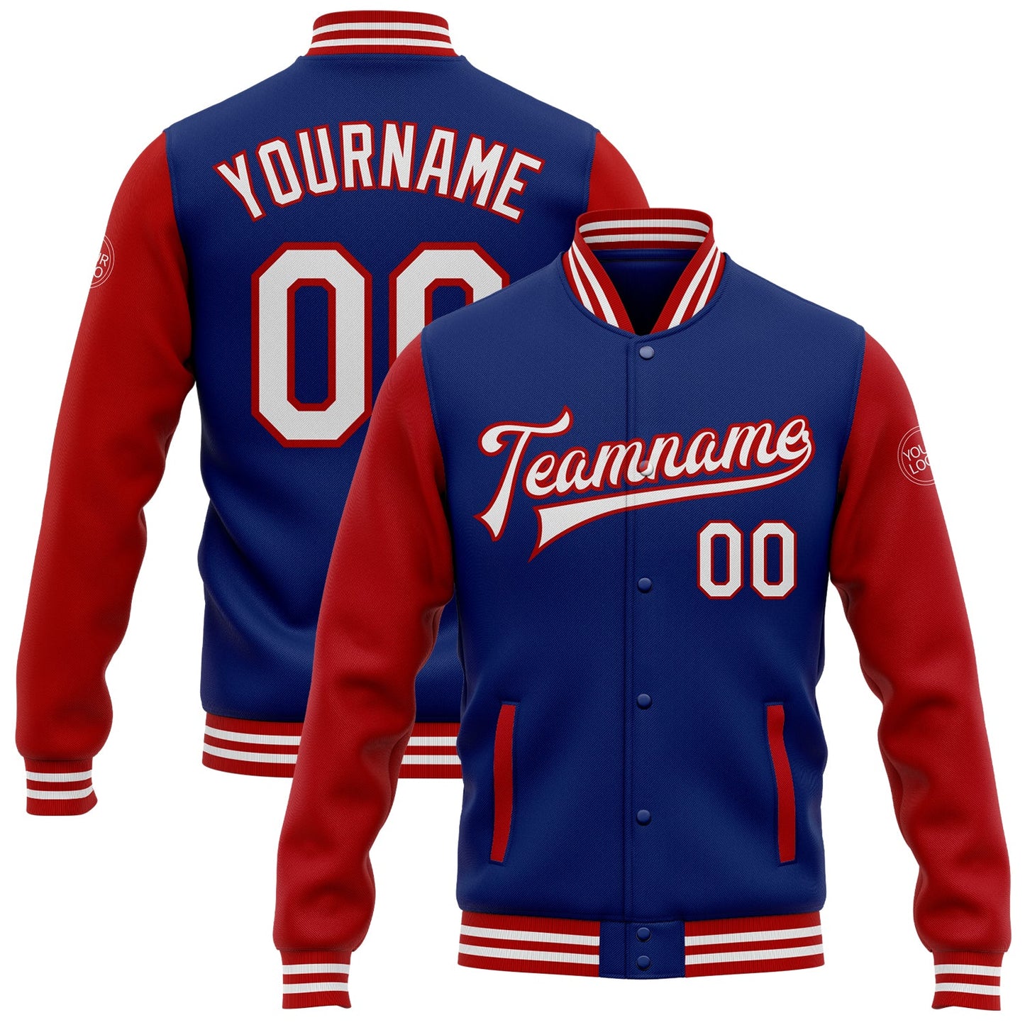 Custom Royal White-Red Bomber Full-Snap Varsity Letterman Two Tone Jacket - Main View