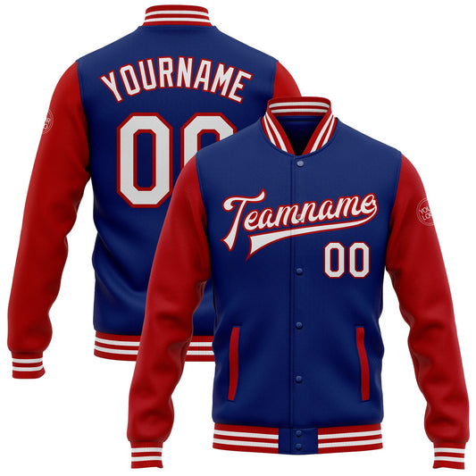 Custom Royal White-Red Bomber Full-Snap Varsity Letterman Two Tone Jacket - Main View