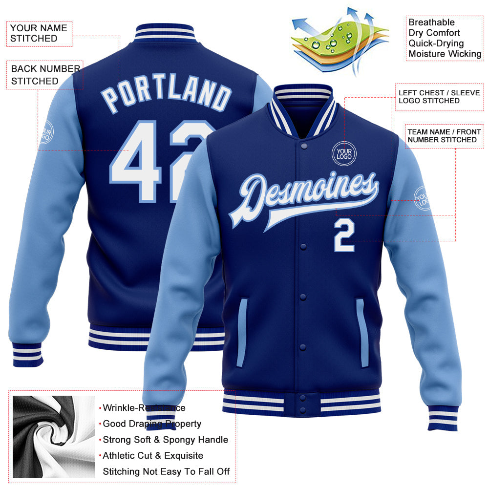 Custom Royal White-Light Blue Bomber Full-Snap Varsity Letterman Two Tone Jacket view 5