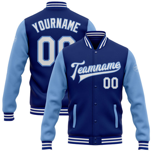Custom Royal White-Light Blue Bomber Full-Snap Varsity Letterman Two Tone Jacket - Main View