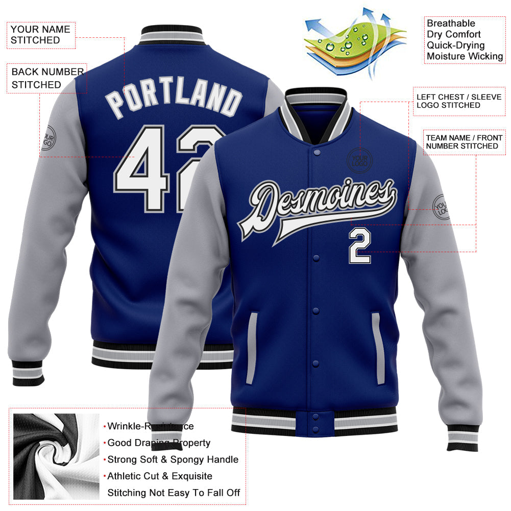 Custom Royal White Black-Gray Bomber Full-Snap Varsity Letterman Two Tone Jacket view 5