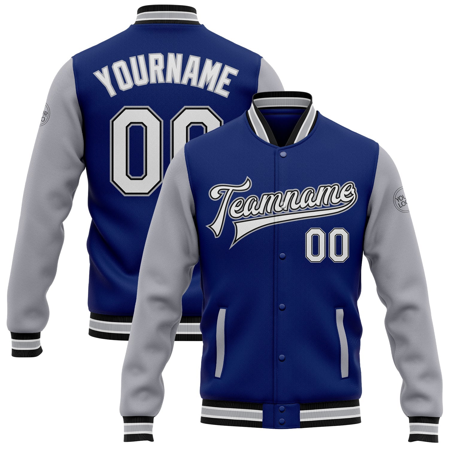 Custom Royal White Black-Gray Bomber Full-Snap Varsity Letterman Two Tone Jacket - Main View