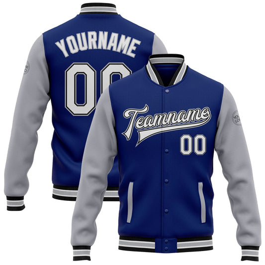 Custom Royal White Black-Gray Bomber Full-Snap Varsity Letterman Two Tone Jacket - Main View