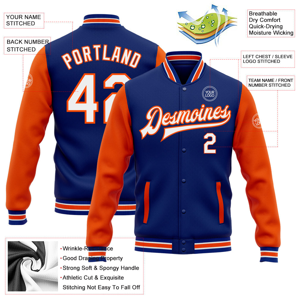 Custom Royal White-Orange Bomber Full-Snap Varsity Letterman Two Tone Jacket view 5