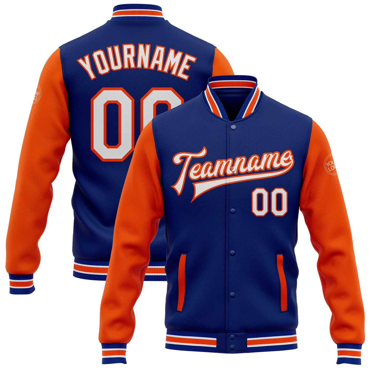 Custom Royal White-Orange Bomber Full-Snap Varsity Letterman Two Tone Jacket - Main View