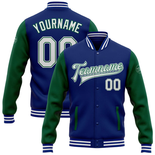 Custom Royal White-Kelly Green Bomber Full-Snap Varsity Letterman Two Tone Jacket - Main View