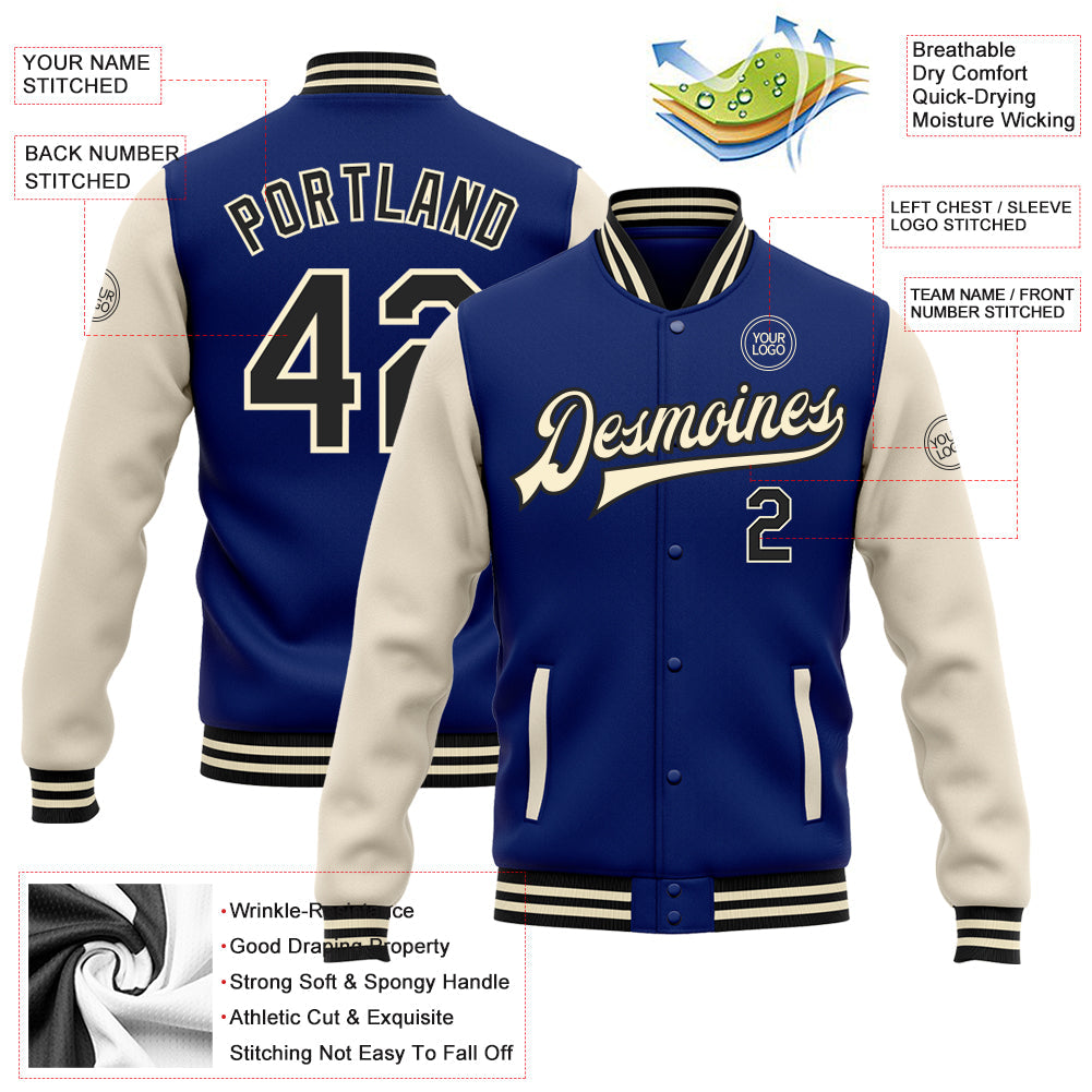 Custom Royal Black-Cream Bomber Full-Snap Varsity Letterman Two Tone Jacket view 5
