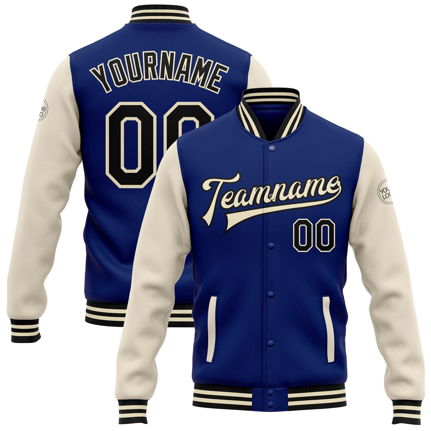 Custom Royal Black-Cream Bomber Full-Snap Varsity Letterman Two Tone Jacket - Main View