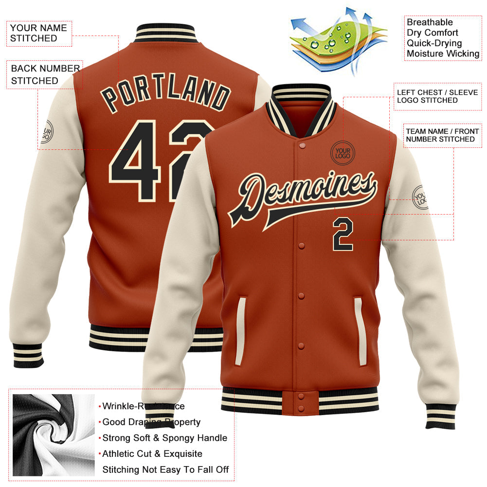 Custom Texas Orange Black-Cream Bomber Full-Snap Varsity Letterman Two Tone Jacket view 5