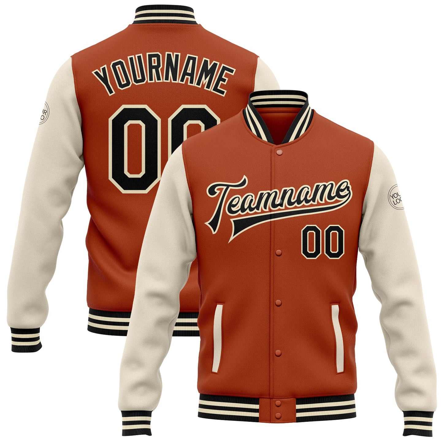Custom Texas Orange Black-Cream Bomber Full-Snap Varsity Letterman Two Tone Jacket - Main View