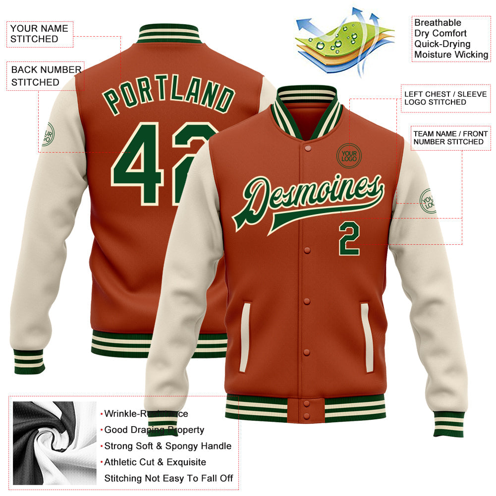 Custom Texas Orange Green-Cream Bomber Full-Snap Varsity Letterman Two Tone Jacket view 5