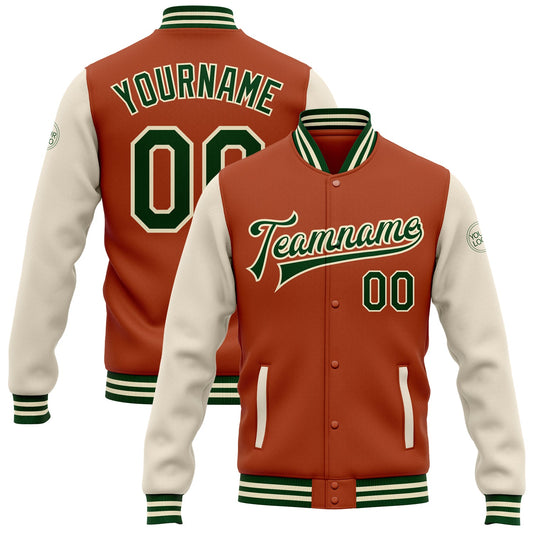 Custom Texas Orange Green-Cream Bomber Full-Snap Varsity Letterman Two Tone Jacket - Main View