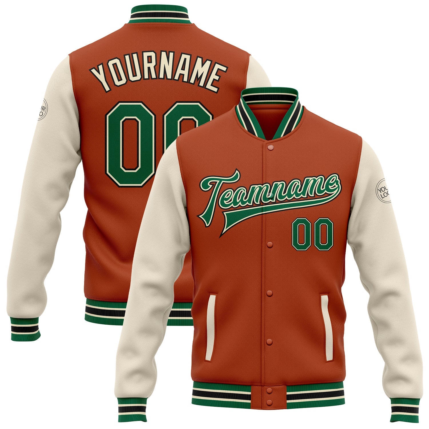Custom Texas Orange Kelly Green Cream-Black Bomber Full-Snap Varsity Letterman Two Tone Jacket - Main View