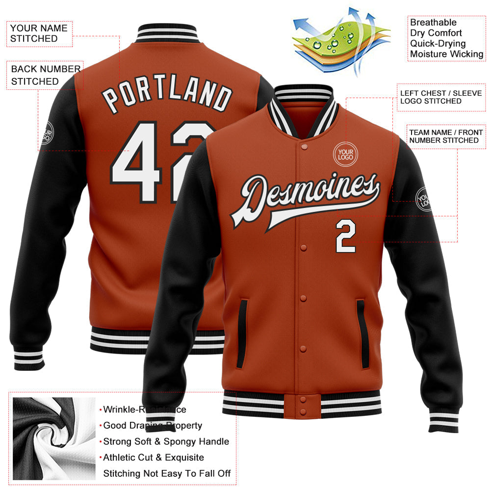 Custom Texas Orange White-Black Bomber Full-Snap Varsity Letterman Two Tone Jacket view 5