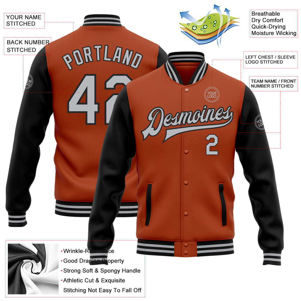 Custom Texas Orange Gray-Black Bomber Full-Snap Varsity Letterman Two Tone Jacket view 5