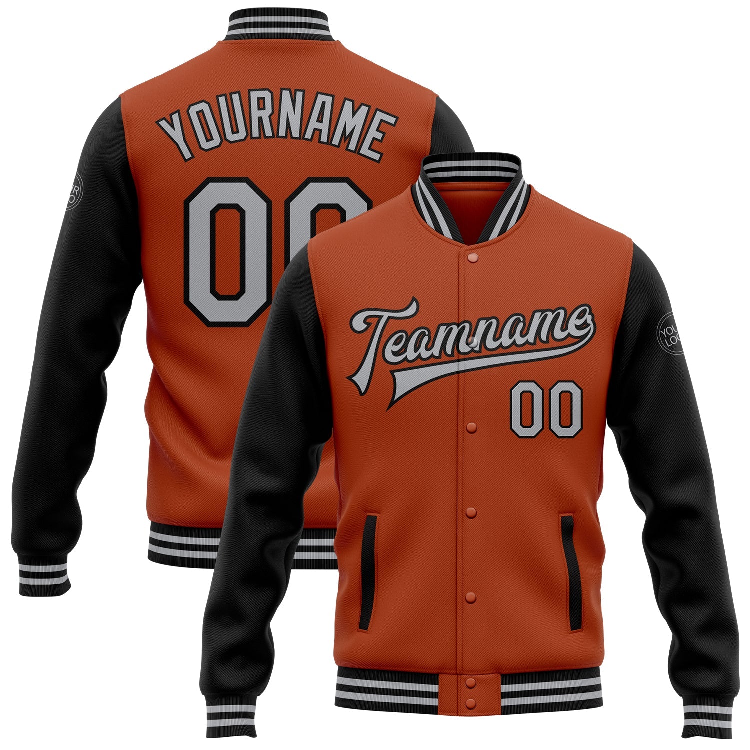 Custom Texas Orange Gray-Black Bomber Full-Snap Varsity Letterman Two Tone Jacket - Main View