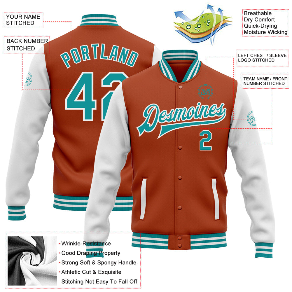 Custom Texas Orange Teal-White Bomber Full-Snap Varsity Letterman Two Tone Jacket view 5