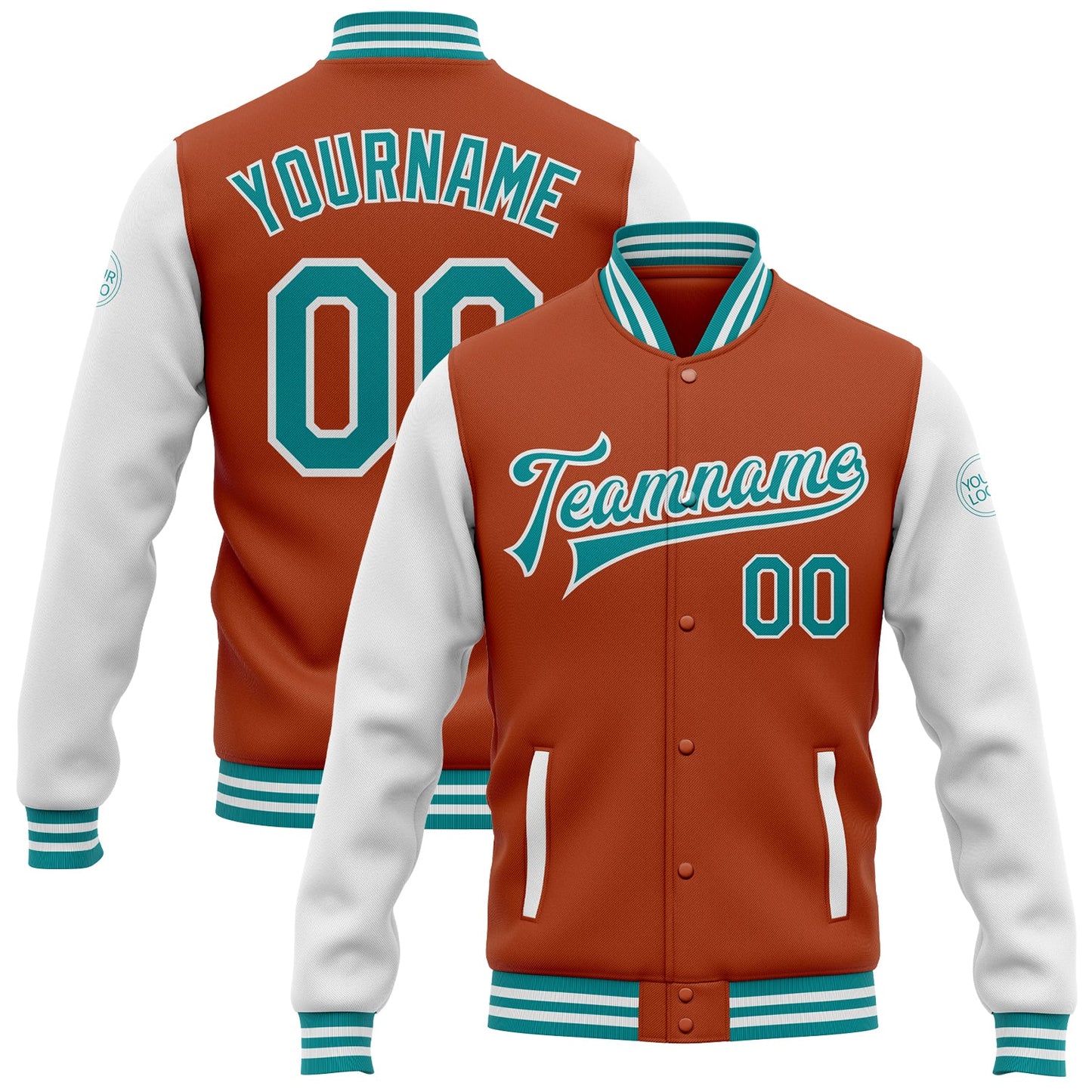 Custom Texas Orange Teal-White Bomber Full-Snap Varsity Letterman Two Tone Jacket - Main View