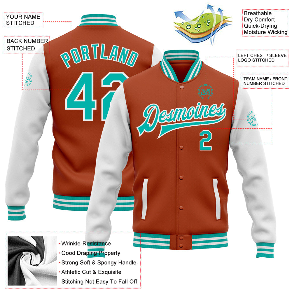 Custom Texas Orange Aqua-White Bomber Full-Snap Varsity Letterman Two Tone Jacket view 5