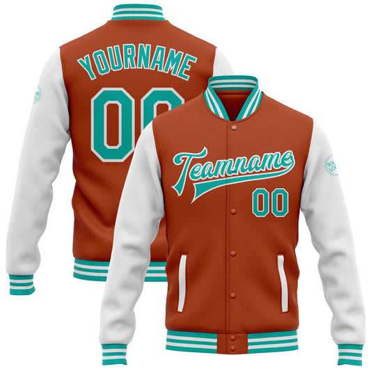 Custom Texas Orange Aqua-White Bomber Full-Snap Varsity Letterman Two Tone Jacket - Main View