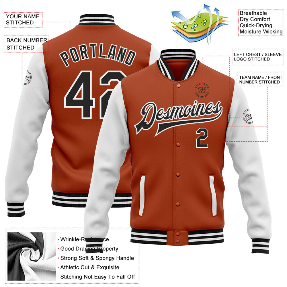 Custom Texas Orange Black-White Bomber Full-Snap Varsity Letterman Two Tone Jacket view 5