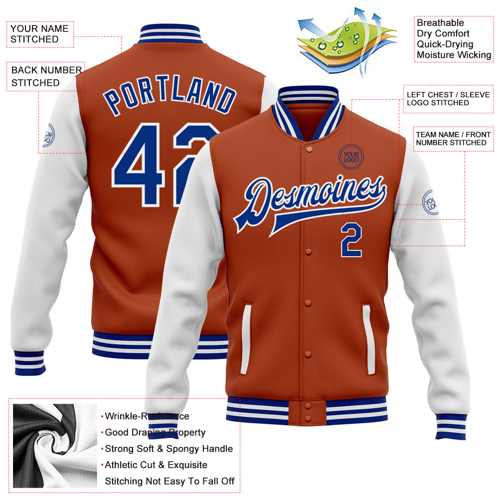 Custom Texas Orange Royal-White Bomber Full-Snap Varsity Letterman Two Tone Jacket view 5