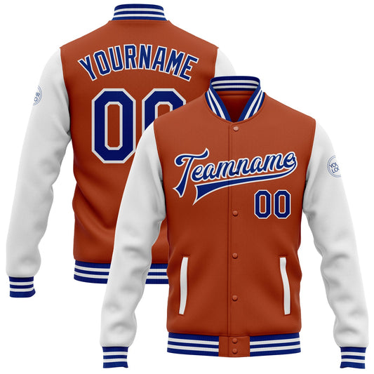 Custom Texas Orange Royal-White Bomber Full-Snap Varsity Letterman Two Tone Jacket - Main View