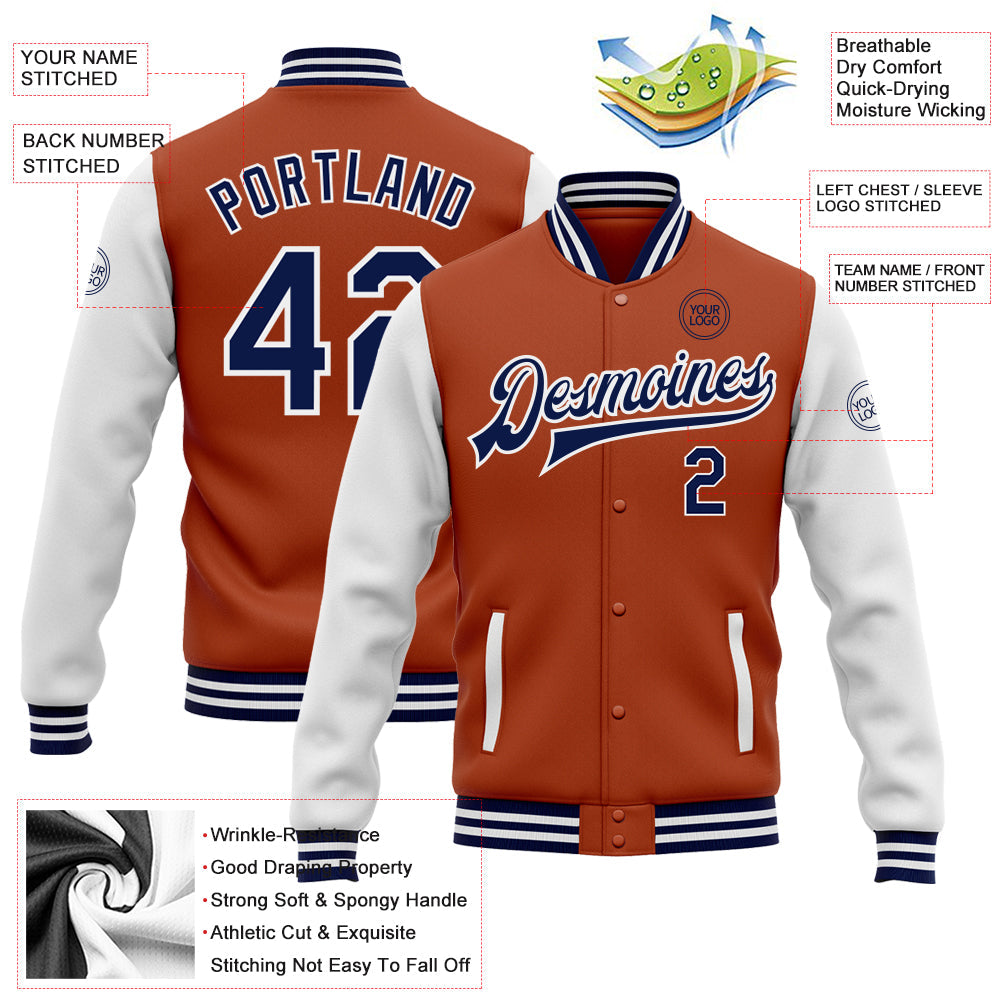 Custom Texas Orange Navy-White Bomber Full-Snap Varsity Letterman Two Tone Jacket view 5
