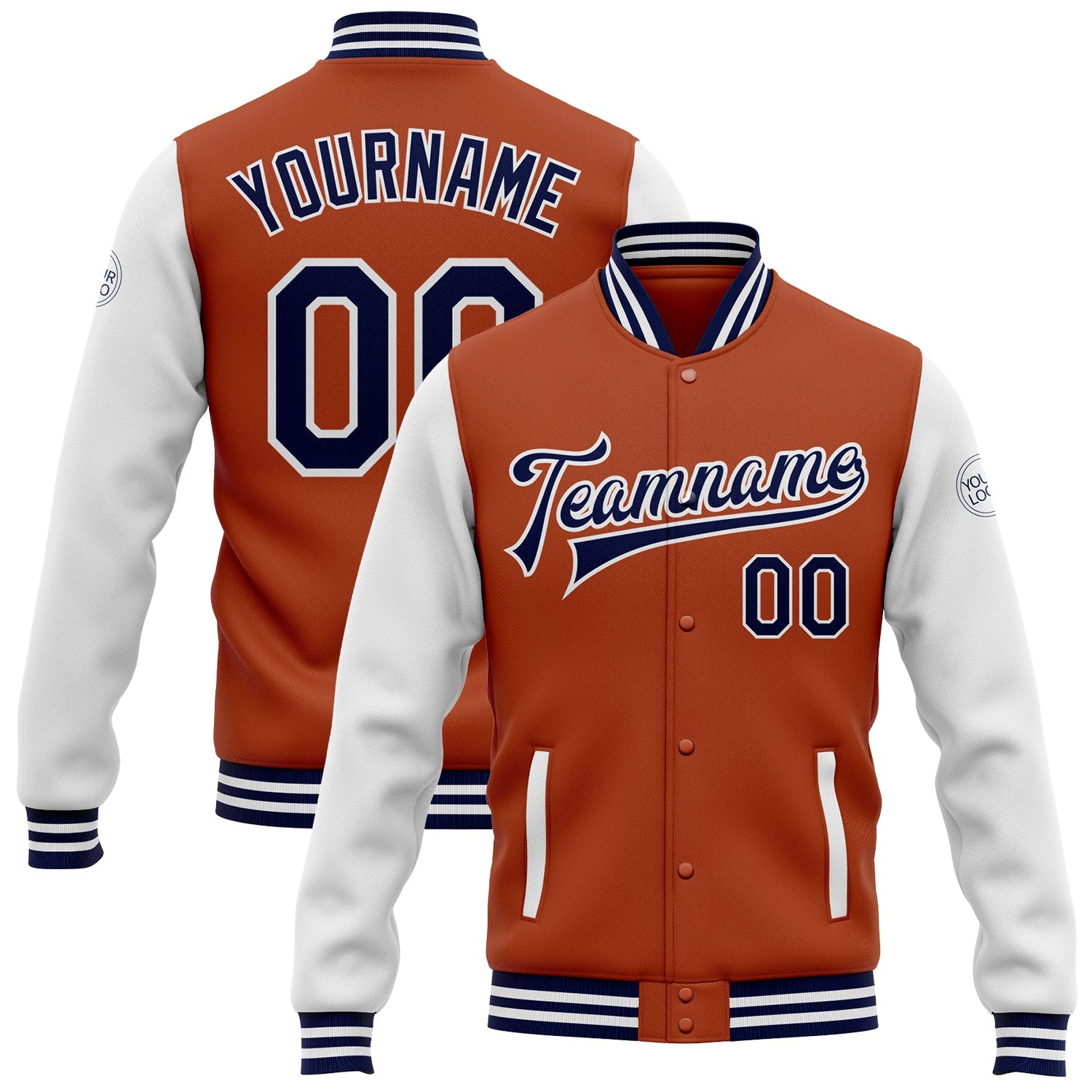 Custom Texas Orange Navy-White Bomber Full-Snap Varsity Letterman Two Tone Jacket - Main View