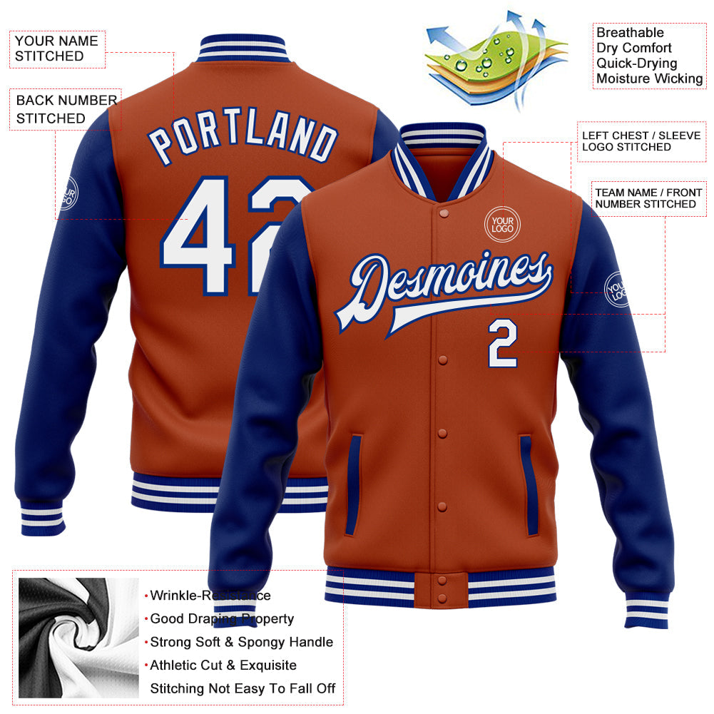 Custom Texas Orange White-Royal Bomber Full-Snap Varsity Letterman Two Tone Jacket view 5