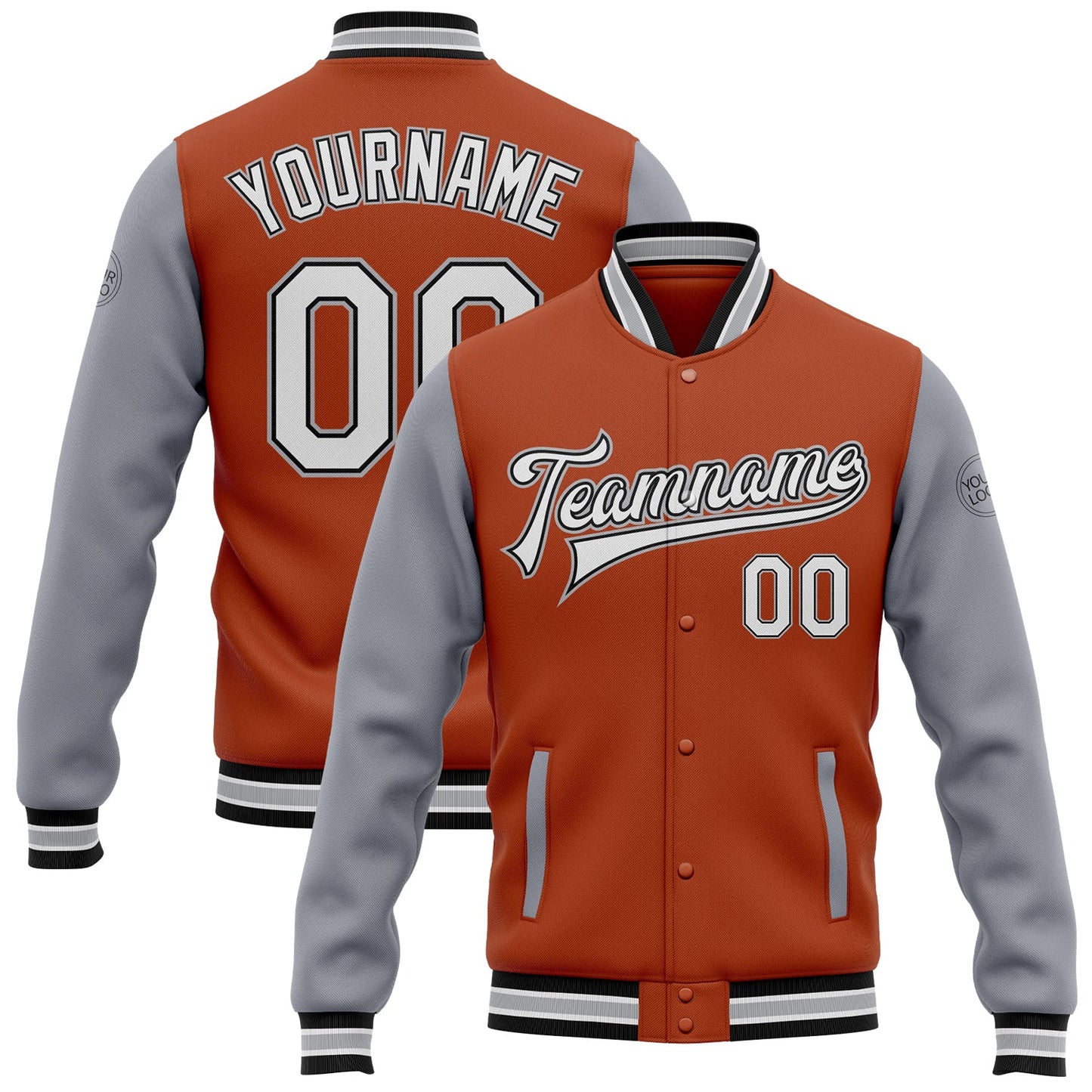 Custom Texas Orange White Black-Gray Bomber Full-Snap Varsity Letterman Two Tone Jacket - Main View