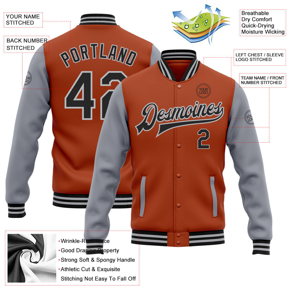 Custom Texas Orange Black-Gray Bomber Full-Snap Varsity Letterman Two Tone Jacket view 5