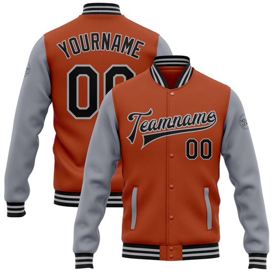 Custom Texas Orange Black-Gray Bomber Full-Snap Varsity Letterman Two Tone Jacket - Main View
