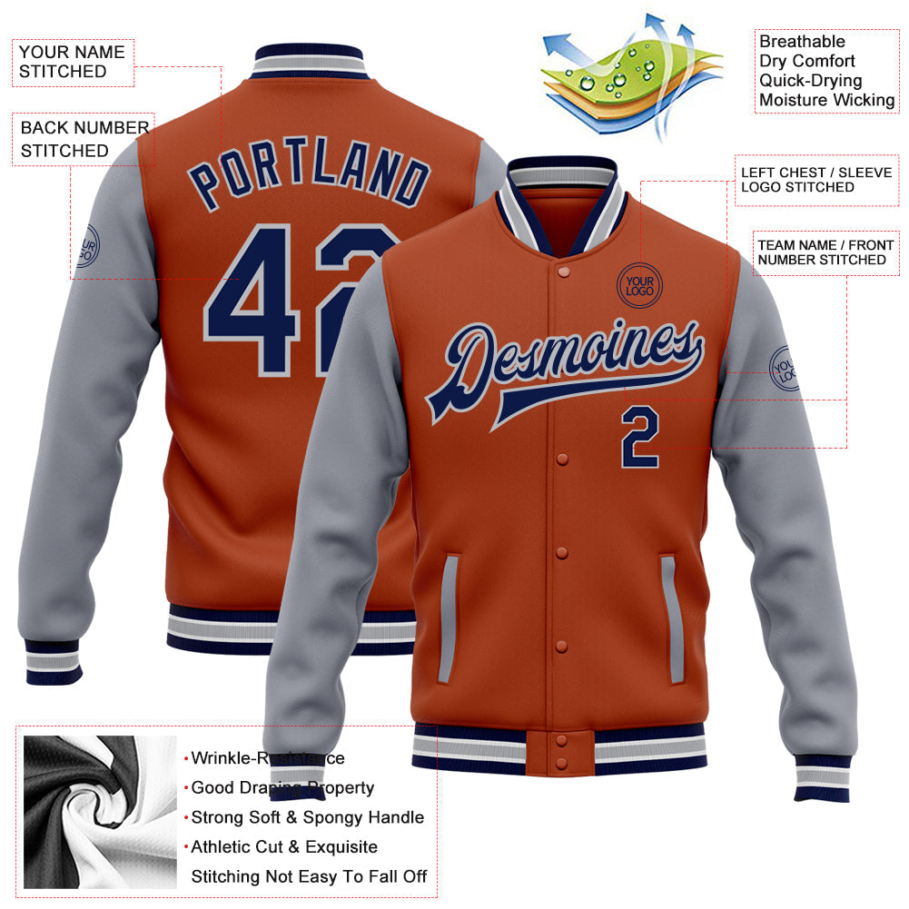 Custom Texas Orange Navy-Gray Bomber Full-Snap Varsity Letterman Two Tone Jacket view 5