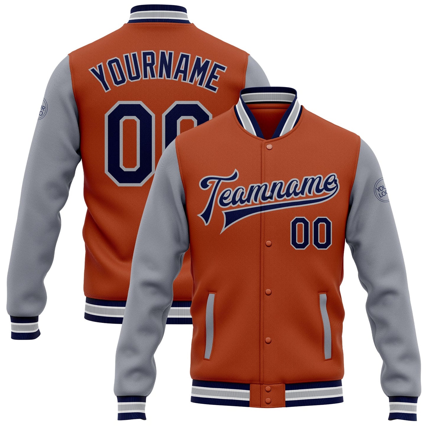 Custom Texas Orange Navy-Gray Bomber Full-Snap Varsity Letterman Two Tone Jacket - Main View