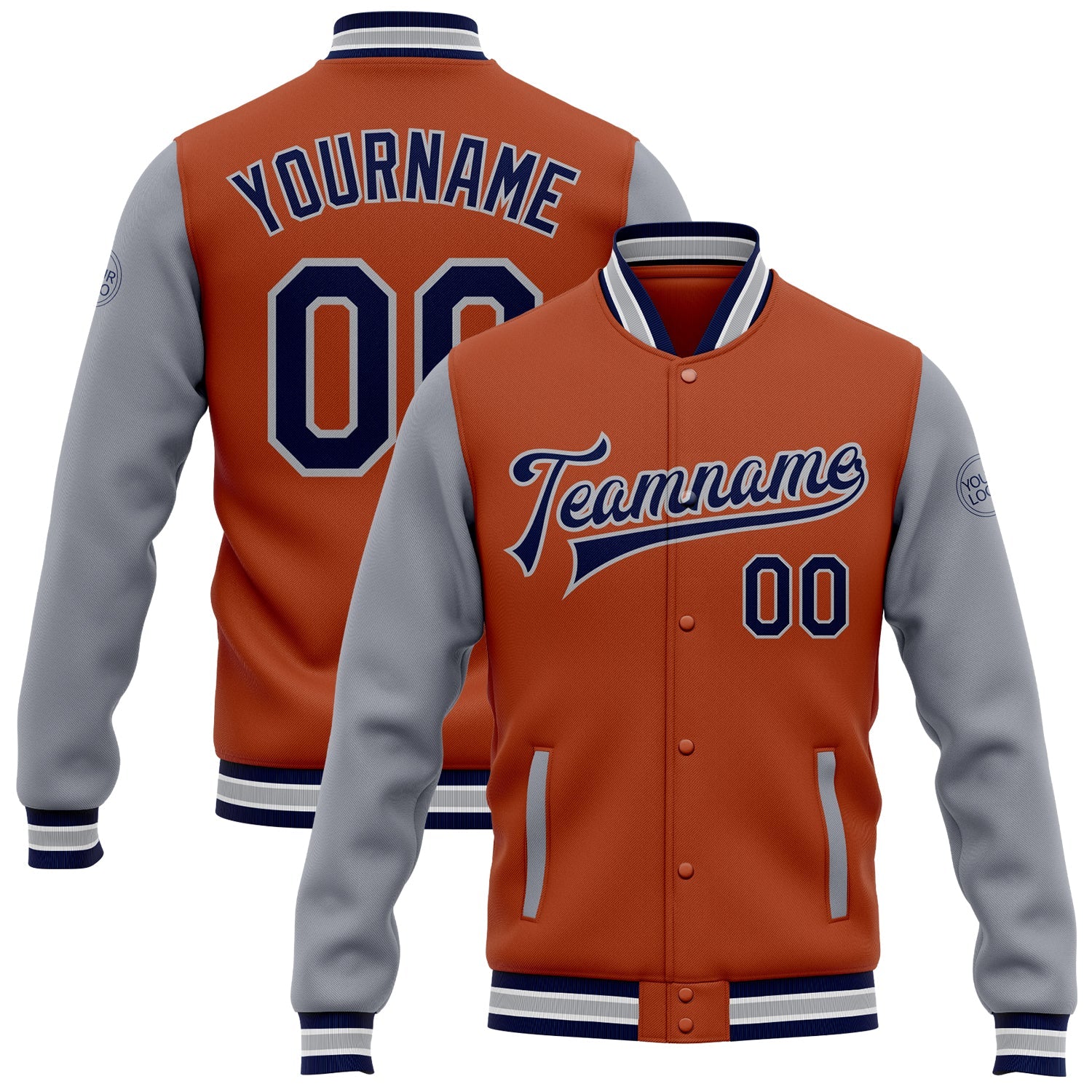 Custom Texas Orange Navy-Gray Bomber Full-Snap Varsity Letterman Two Tone Jacket - Main View