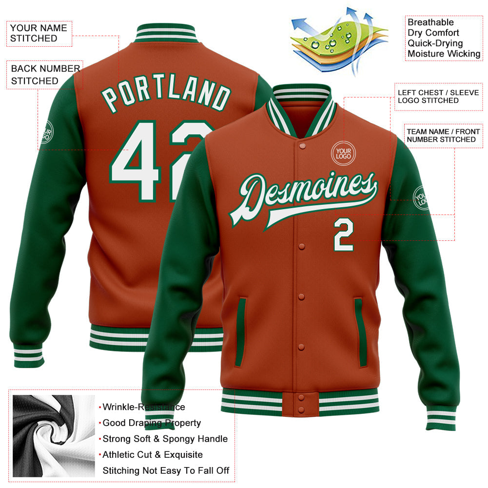 Custom Texas Orange White-Kelly Green Bomber Full-Snap Varsity Letterman Two Tone Jacket view 5