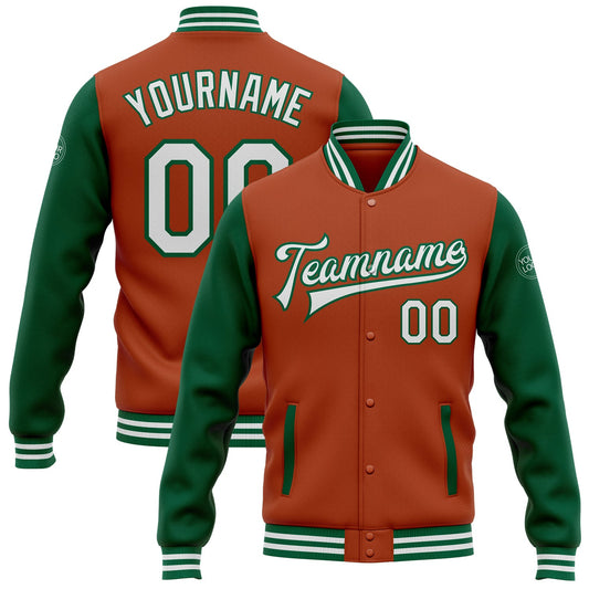 Custom Texas Orange White-Kelly Green Bomber Full-Snap Varsity Letterman Two Tone Jacket - Main View
