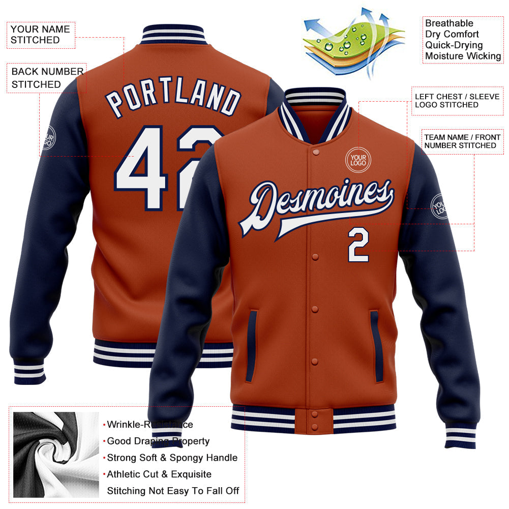 Custom Texas Orange White-Navy Bomber Full-Snap Varsity Letterman Two Tone Jacket view 5