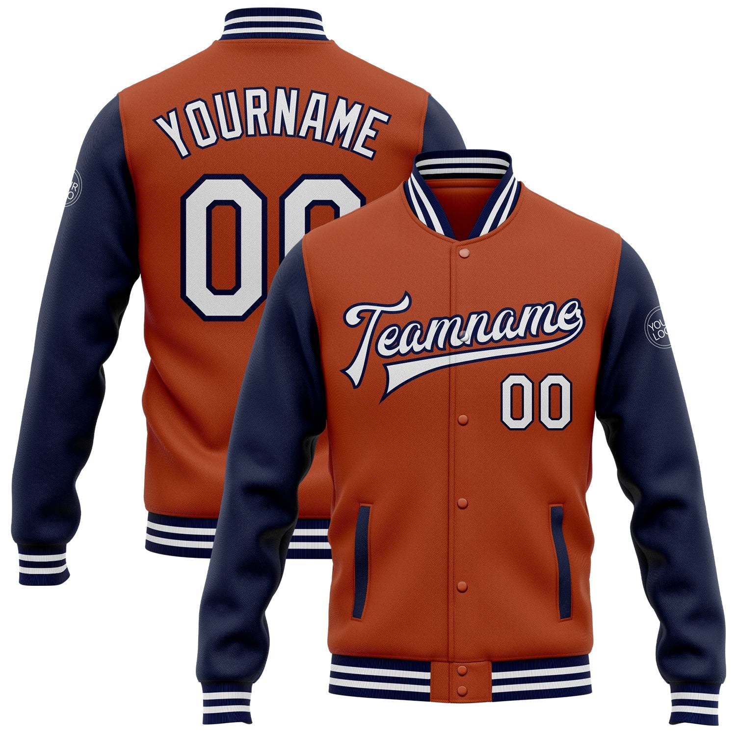 Custom Texas Orange White-Navy Bomber Full-Snap Varsity Letterman Two Tone Jacket - Main View