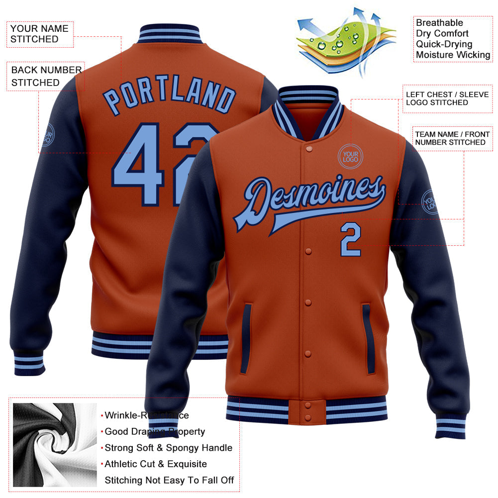 Custom Texas Orange Light Blue-Navy Bomber Full-Snap Varsity Letterman Two Tone Jacket view 5