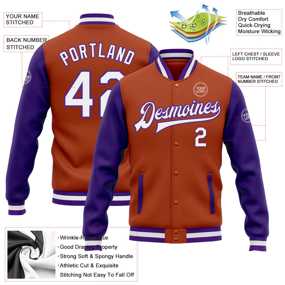Custom Texas Orange White-Purple Bomber Full-Snap Varsity Letterman Two Tone Jacket view 5