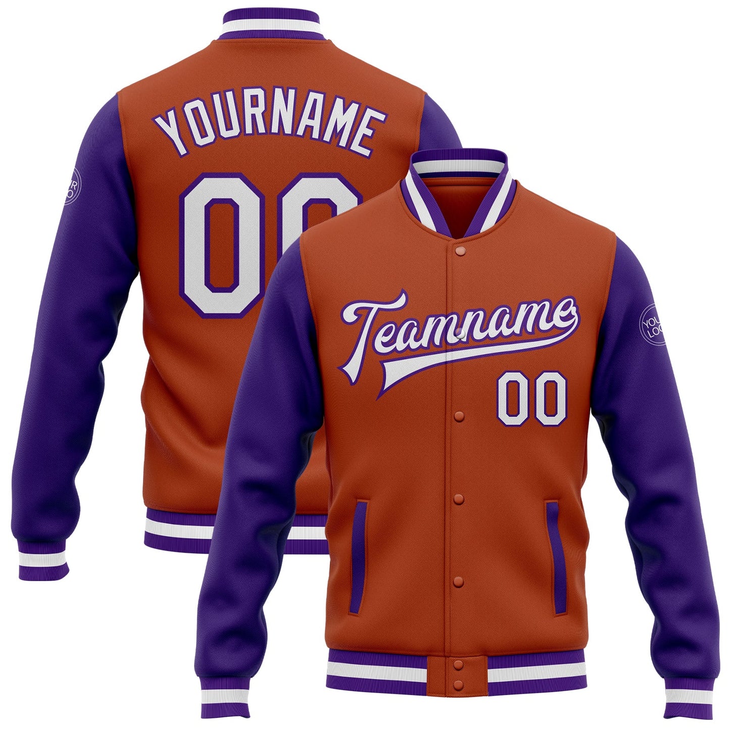 Custom Texas Orange White-Purple Bomber Full-Snap Varsity Letterman Two Tone Jacket - Main View