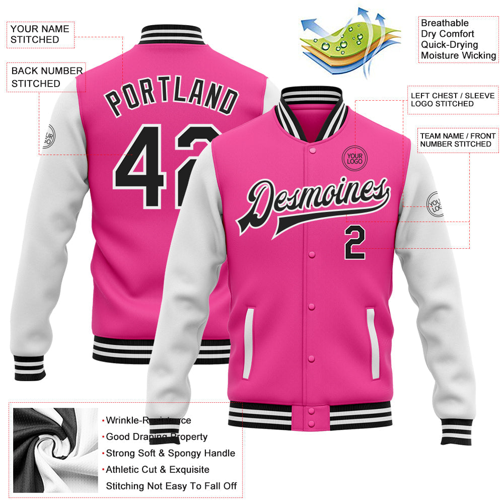 Custom Pink Black-White Bomber Full-Snap Varsity Letterman Two Tone Jacket view 5