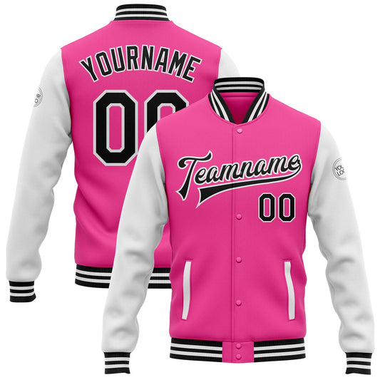 Custom Pink Black-White Bomber Full-Snap Varsity Letterman Two Tone Jacket - Main View
