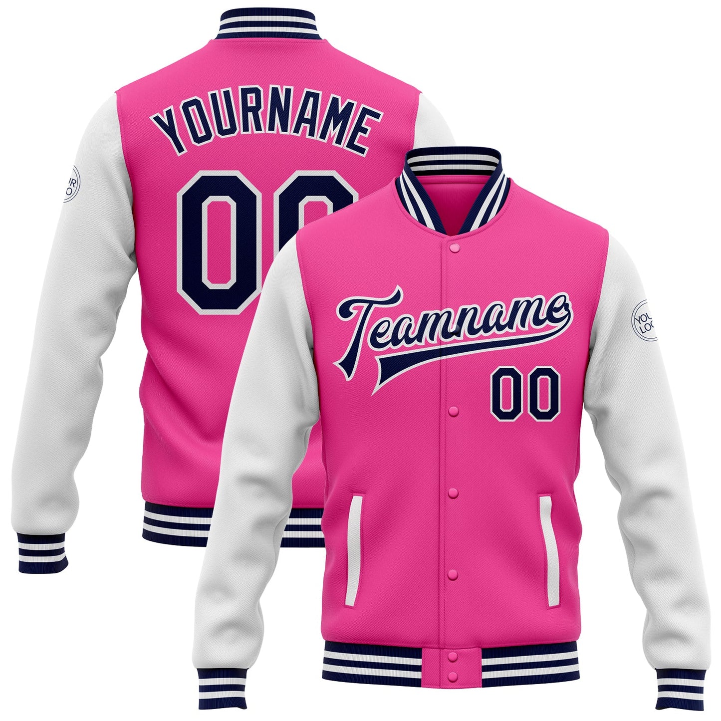 Custom Pink Navy-White Bomber Full-Snap Varsity Letterman Two Tone Jacket - Main View