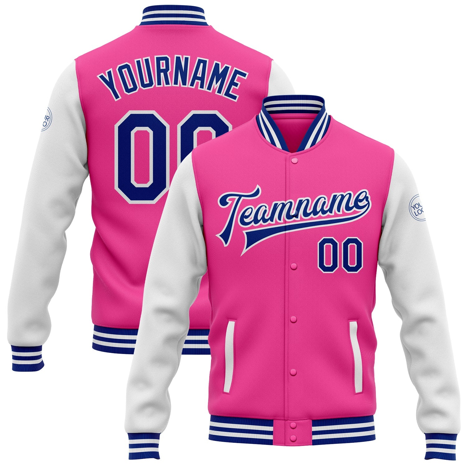 Custom Pink Royal-White Bomber Full-Snap Varsity Letterman Two Tone Jacket - Main View